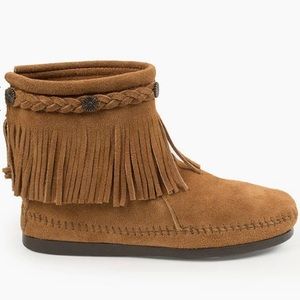 Minnetonka High Top Back Zip Boot Suede Leather Fringe Brown 6